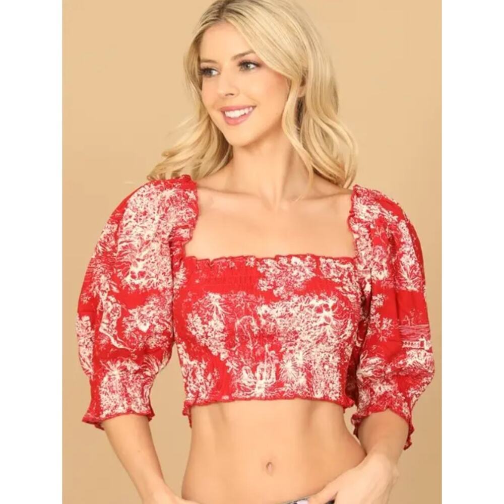 Red Toile Print Smocked Cottagecore Crop Top Puff Sleeve Size Medium